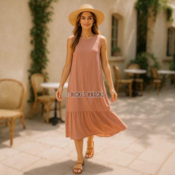 Blush Pink Sleeveless Midi Dress Shift Style Ruffle Hem Lagenlook Cottagecore L - Picture 1 of 8
